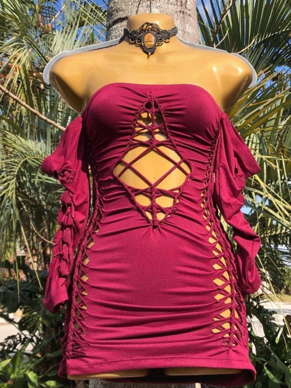 Handmade Off-Shoulder Lace-Up cutout Bodycon Dress in Burgundy